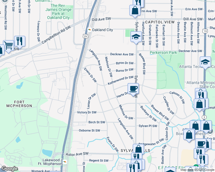 map of restaurants, bars, coffee shops, grocery stores, and more near 1046 Katherwood Drive Southwest in Atlanta