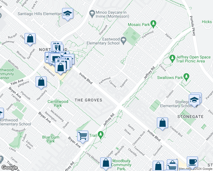 map of restaurants, bars, coffee shops, grocery stores, and more near 230 Bishop Landing in Irvine
