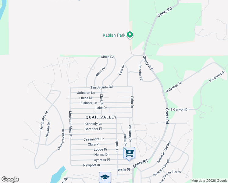map of restaurants, bars, coffee shops, grocery stores, and more near Johnson Lane in Menifee