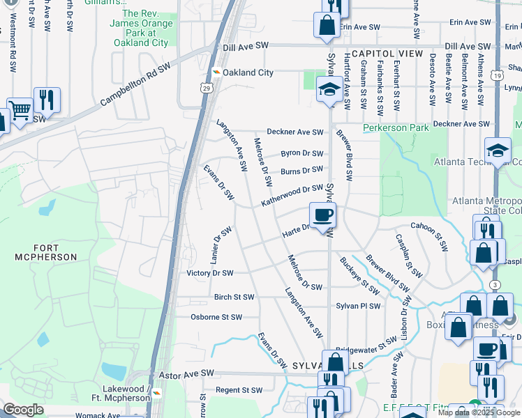 map of restaurants, bars, coffee shops, grocery stores, and more near 1665 Langston Avenue Southwest in Atlanta