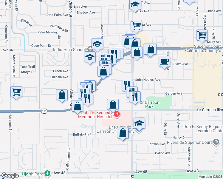 map of restaurants, bars, coffee shops, grocery stores, and more near 81729 California 111 in Indio