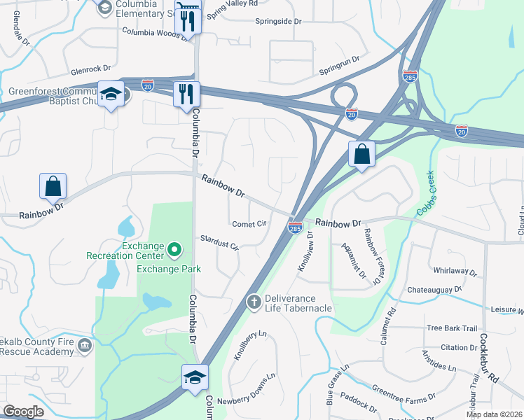 map of restaurants, bars, coffee shops, grocery stores, and more near 3485 Rainbow Drive in Decatur