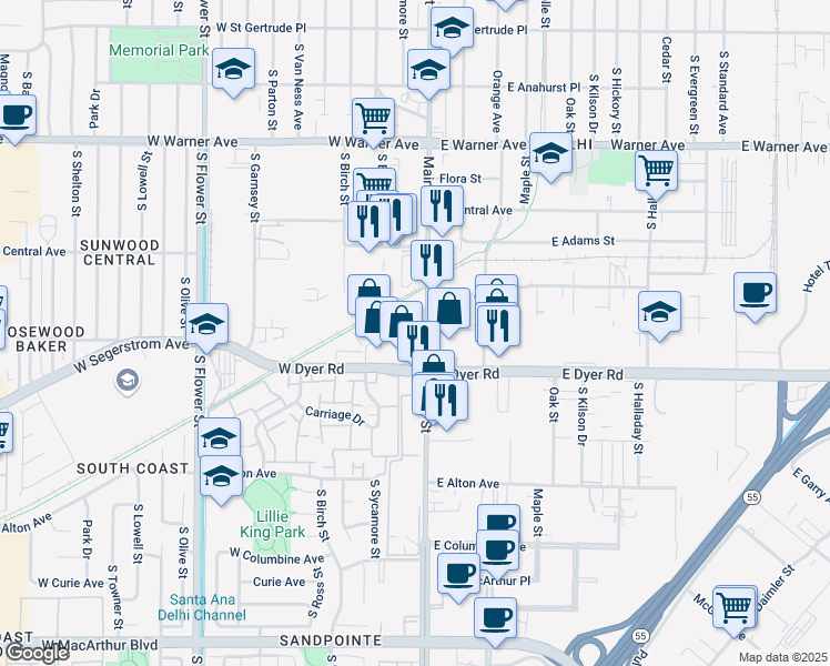 map of restaurants, bars, coffee shops, grocery stores, and more near 2800 Main Street in Santa Ana