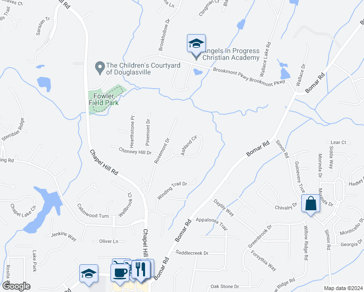 map of restaurants, bars, coffee shops, grocery stores, and more near 3095 Ashland Circle in Douglasville