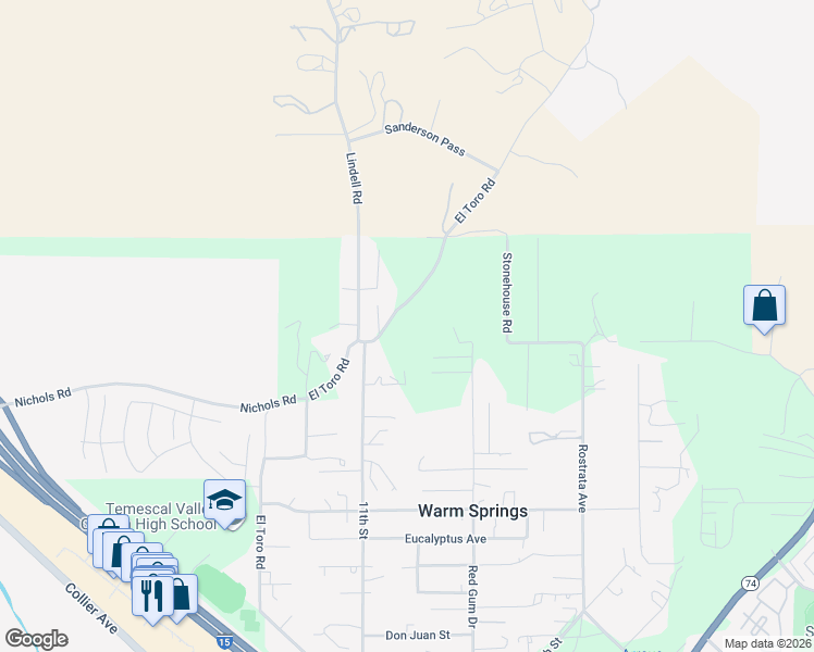map of restaurants, bars, coffee shops, grocery stores, and more near 28195 Wells Fargo Road in Lake Elsinore