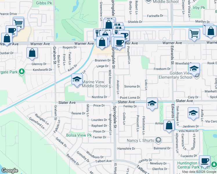 map of restaurants, bars, coffee shops, grocery stores, and more near 17361 Wild Rose Lane in Huntington Beach