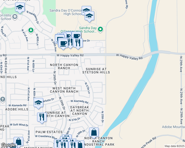 map of restaurants, bars, coffee shops, grocery stores, and more near 3553 West Whispering Wind Drive in Glendale