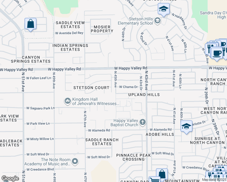 map of restaurants, bars, coffee shops, grocery stores, and more near 24627 North 45th Drive in Glendale