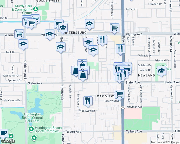map of restaurants, bars, coffee shops, grocery stores, and more near 17422 Dairyview Circle in Huntington Beach