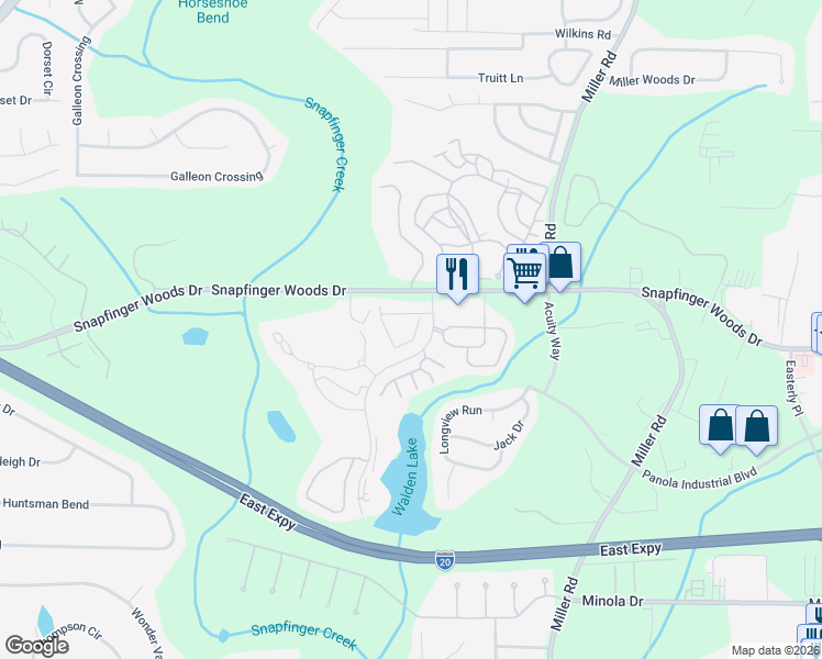 map of restaurants, bars, coffee shops, grocery stores, and more near 102 Creste Drive in Decatur