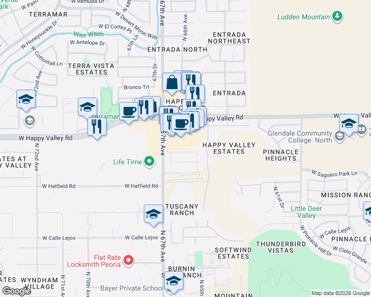 map of restaurants, bars, coffee shops, grocery stores, and more near 6601 West West Wind Drive in Glendale