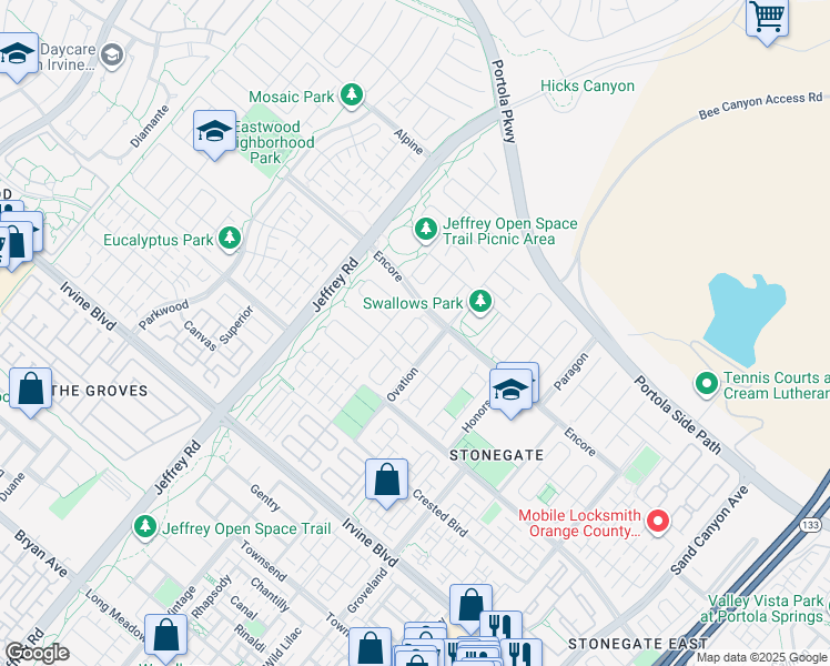 map of restaurants, bars, coffee shops, grocery stores, and more near 96 Birmingham in Irvine
