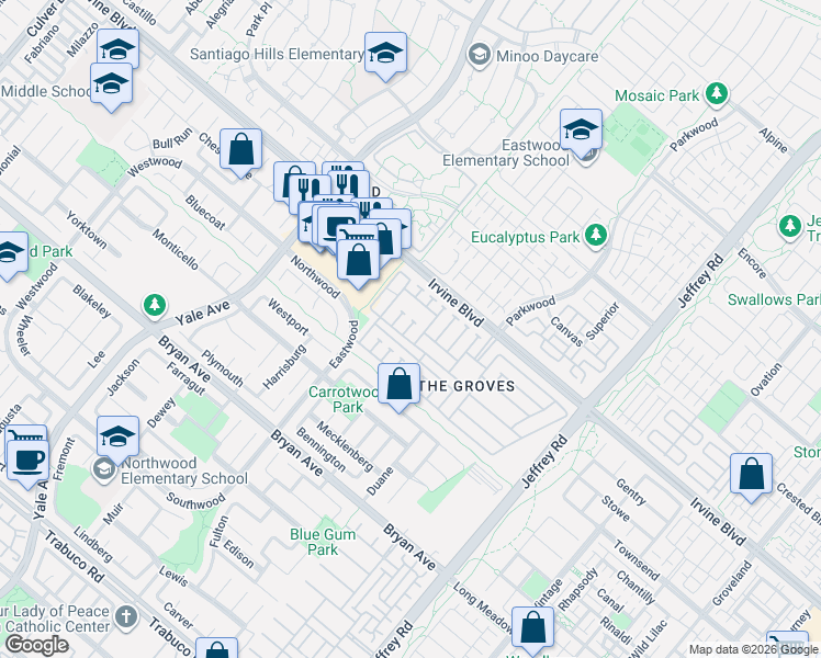 map of restaurants, bars, coffee shops, grocery stores, and more near Ingersoll Place in Irvine