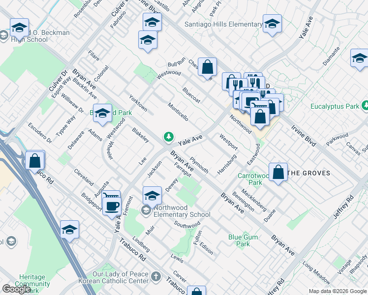 map of restaurants, bars, coffee shops, grocery stores, and more near 53 Plymouth in Irvine