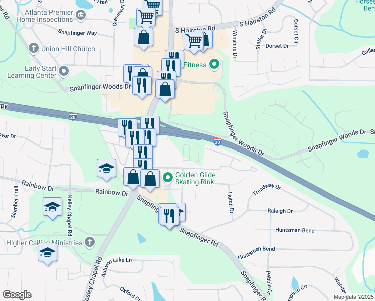 map of restaurants, bars, coffee shops, grocery stores, and more near 2639 Axel Ridge in Decatur