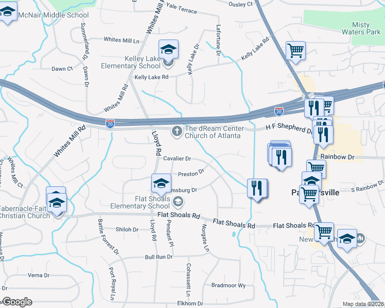 map of restaurants, bars, coffee shops, grocery stores, and more near 2631 Cavalier Drive in Decatur