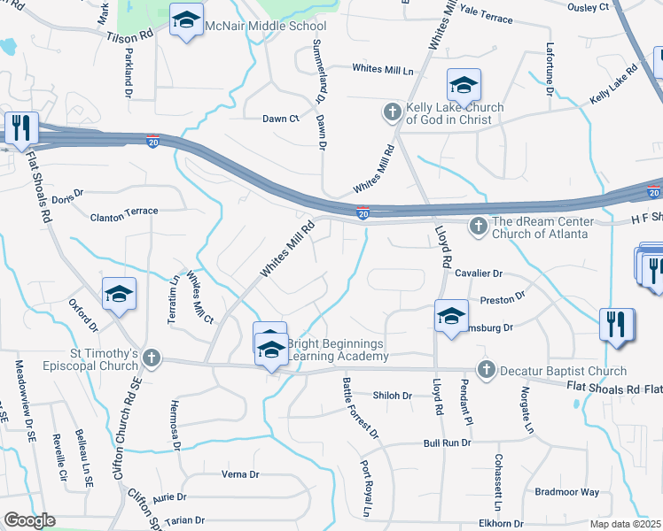 map of restaurants, bars, coffee shops, grocery stores, and more near 2463 Whites Ridge in Decatur