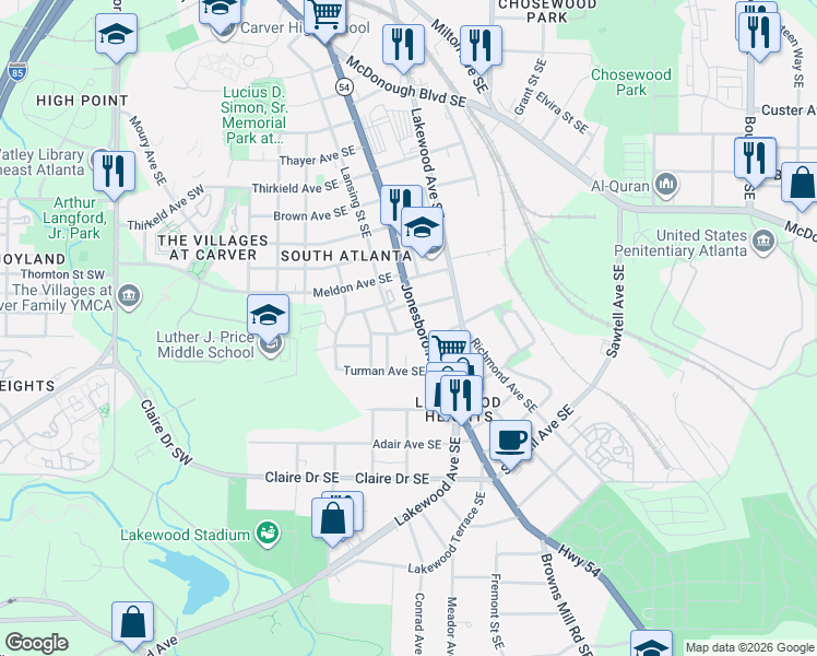 map of restaurants, bars, coffee shops, grocery stores, and more near 20 Bowen Avenue Southeast in Atlanta