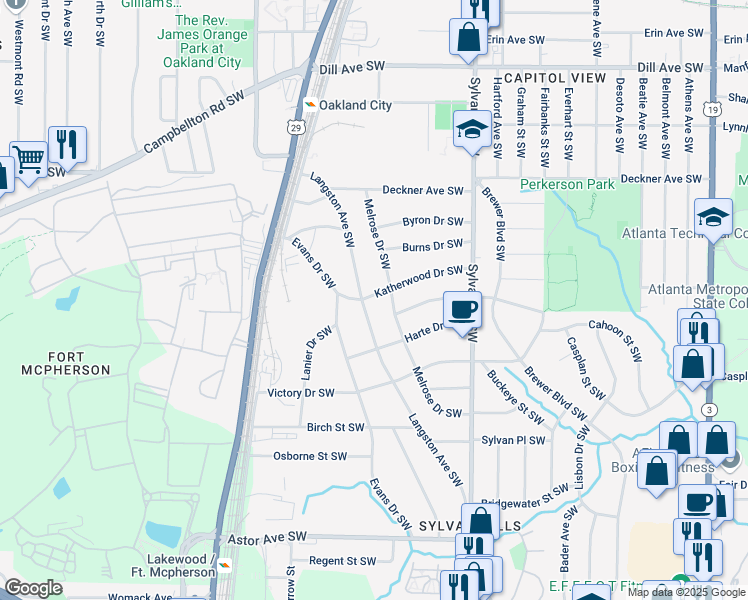 map of restaurants, bars, coffee shops, grocery stores, and more near 1665 Langston Avenue Southwest in Atlanta