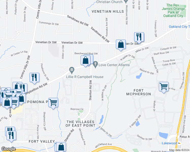 map of restaurants, bars, coffee shops, grocery stores, and more near 1660 Stanton Road Southwest in Atlanta