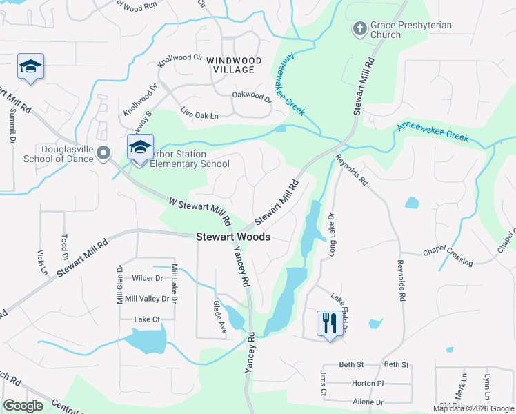 map of restaurants, bars, coffee shops, grocery stores, and more near 3530 Arbroath Drive in Douglasville