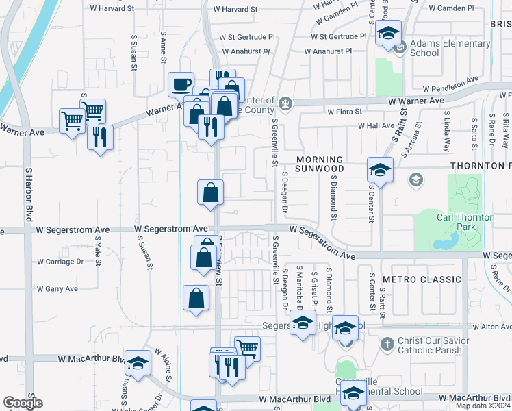 map of restaurants, bars, coffee shops, grocery stores, and more near 2821 South Fairview Street in Santa Ana