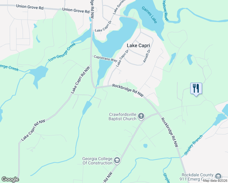 map of restaurants, bars, coffee shops, grocery stores, and more near 2480 Rockbridge Road Northwest in Conyers