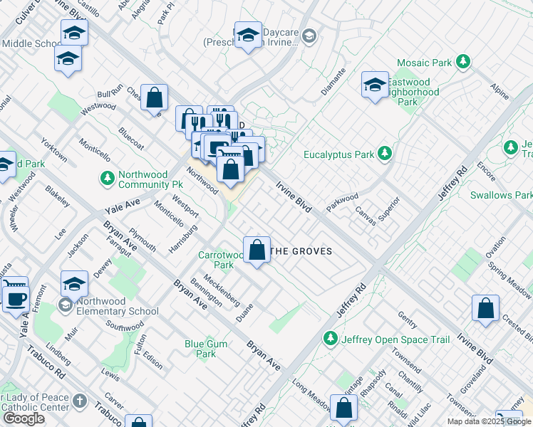 map of restaurants, bars, coffee shops, grocery stores, and more near 5200 Irvine Boulevard in Irvine