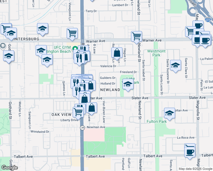 map of restaurants, bars, coffee shops, grocery stores, and more near 8202 Holland Drive in Huntington Beach