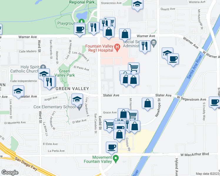map of restaurants, bars, coffee shops, grocery stores, and more near 11090 La Naranja Court in Fountain Valley