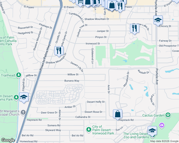 map of restaurants, bars, coffee shops, grocery stores, and more near 73297 Grapevine Street in Palm Desert