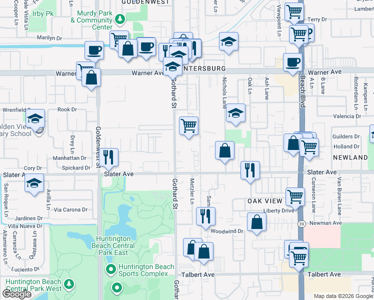 map of restaurants, bars, coffee shops, grocery stores, and more near 7409 Slater Avenue in Huntington Beach