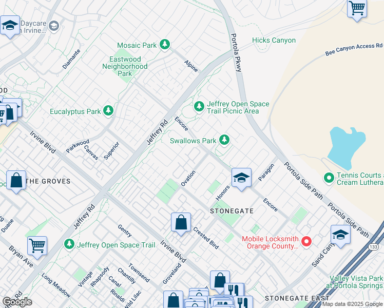 map of restaurants, bars, coffee shops, grocery stores, and more near 85 Birmingham in Irvine