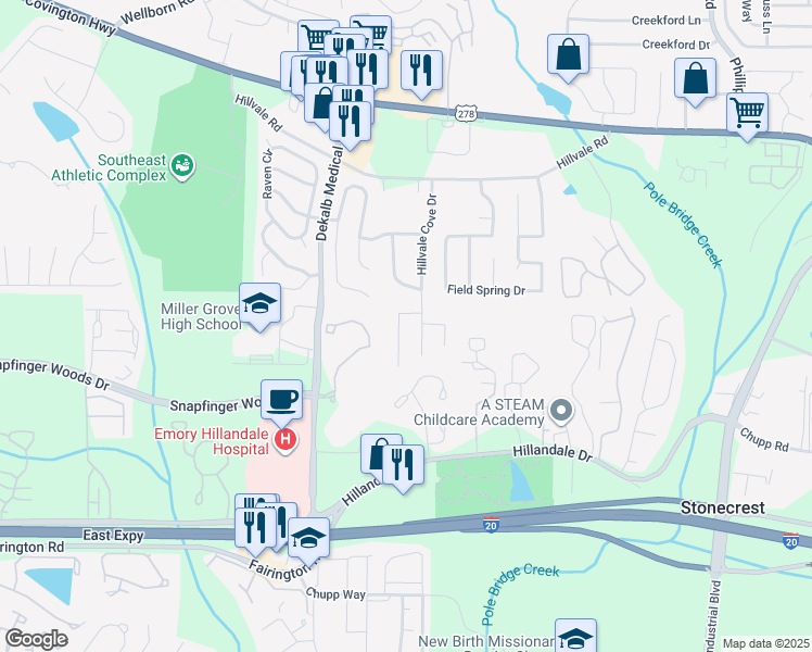 map of restaurants, bars, coffee shops, grocery stores, and more near 5980 Hillvale Trail in Lithonia
