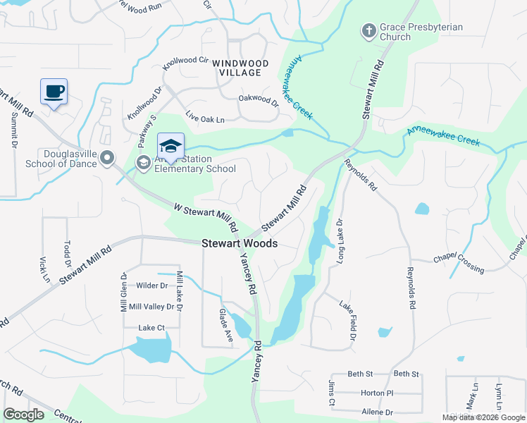 map of restaurants, bars, coffee shops, grocery stores, and more near 3530 Arbroath Drive in Douglasville
