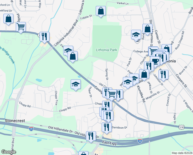 map of restaurants, bars, coffee shops, grocery stores, and more near 6678 Covington Road in Lithonia