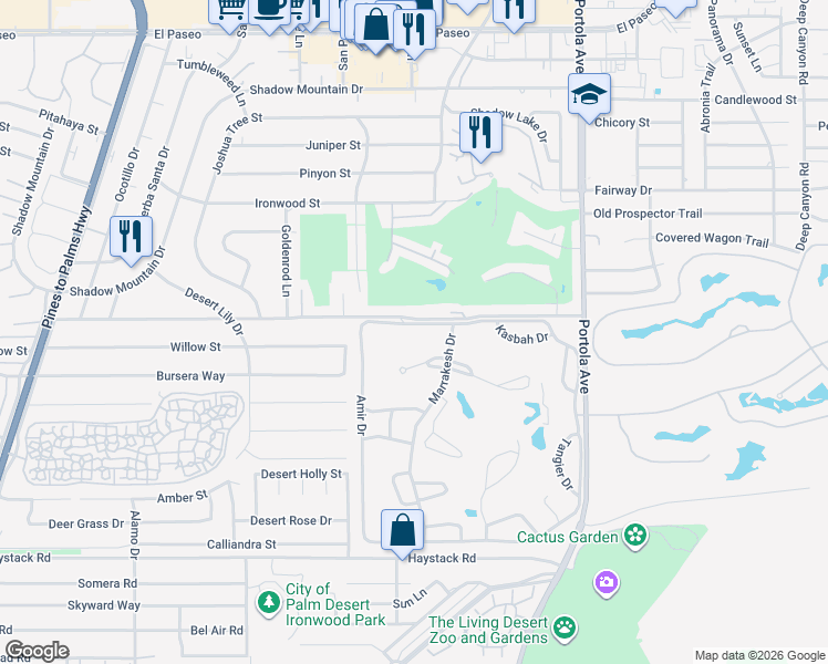map of restaurants, bars, coffee shops, grocery stores, and more near 73709 Amir Drive in Palm Desert