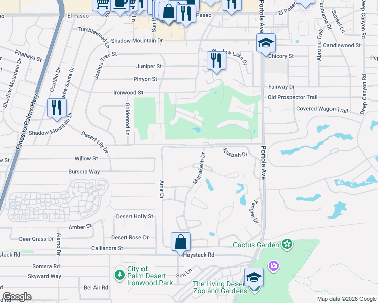 map of restaurants, bars, coffee shops, grocery stores, and more near 47100 El Menara Circle in Palm Desert