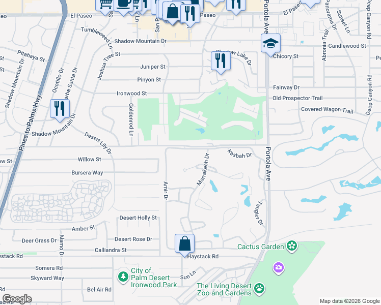 map of restaurants, bars, coffee shops, grocery stores, and more near 73709 Amir Drive in Palm Desert