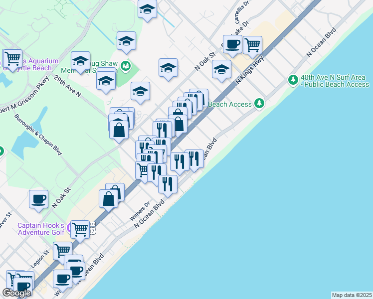 map of restaurants, bars, coffee shops, grocery stores, and more near 410 31st Avenue North in Myrtle Beach