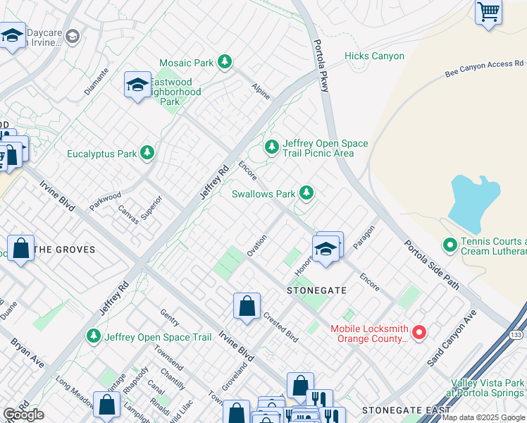 map of restaurants, bars, coffee shops, grocery stores, and more near 85 Birmingham in Irvine