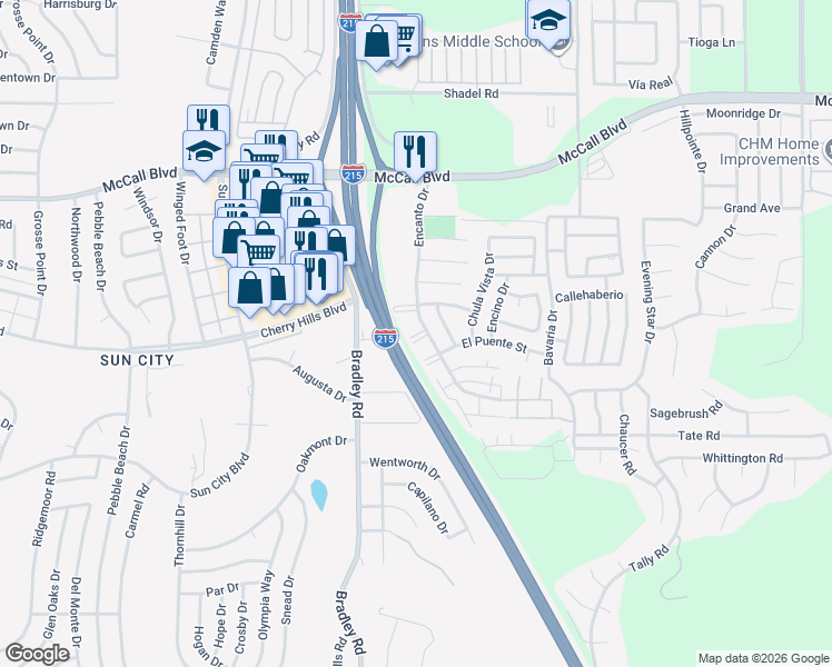 map of restaurants, bars, coffee shops, grocery stores, and more near 77-84 Encanto Drive in Menifee