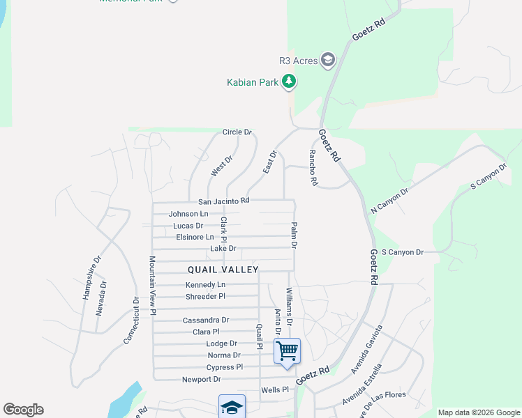 map of restaurants, bars, coffee shops, grocery stores, and more near Johnson Lane in Menifee