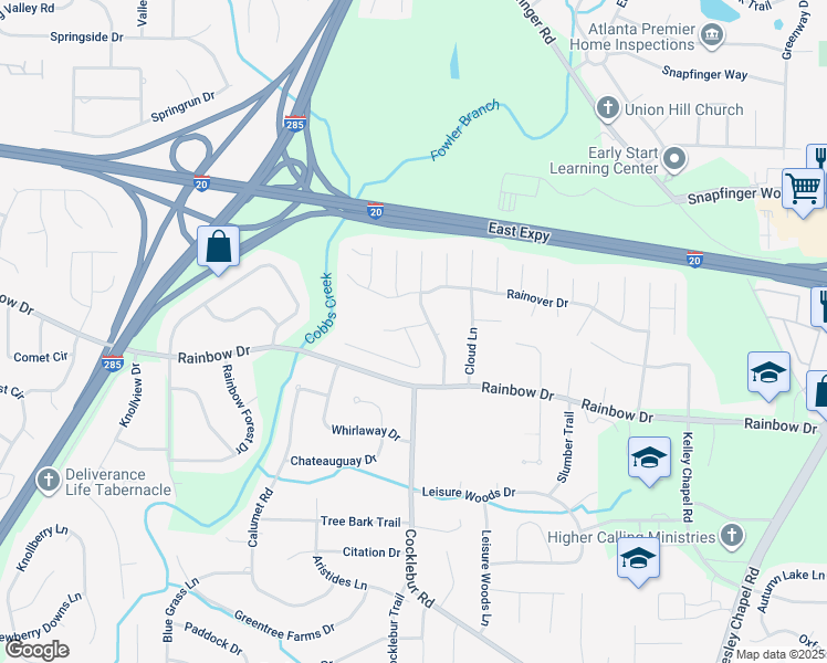 map of restaurants, bars, coffee shops, grocery stores, and more near 2643 Rainbow Creek Drive in Decatur