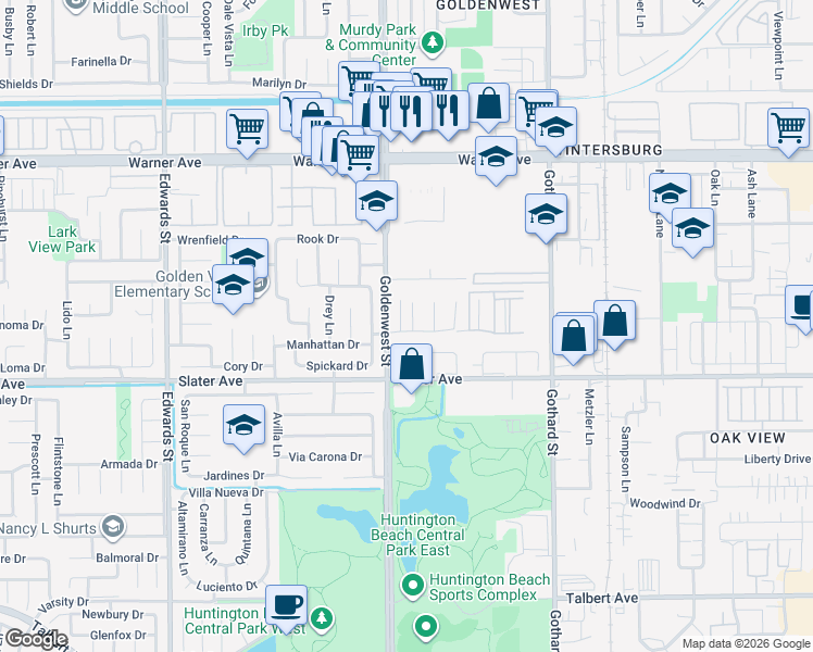 map of restaurants, bars, coffee shops, grocery stores, and more near 7071 Nimrod Drive in Huntington Beach