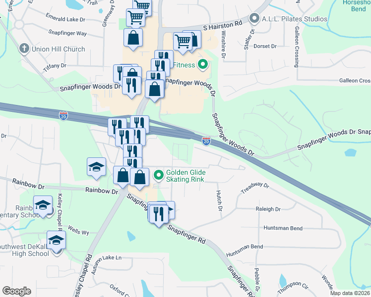 map of restaurants, bars, coffee shops, grocery stores, and more near 2636 Pleasant Wood Drive in Decatur