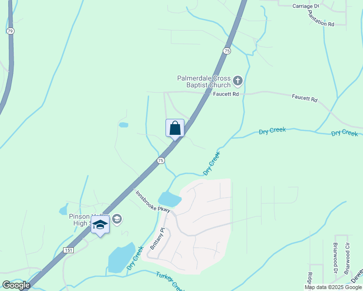 map of restaurants, bars, coffee shops, grocery stores, and more near 7105 Alabama 75 in Pinson
