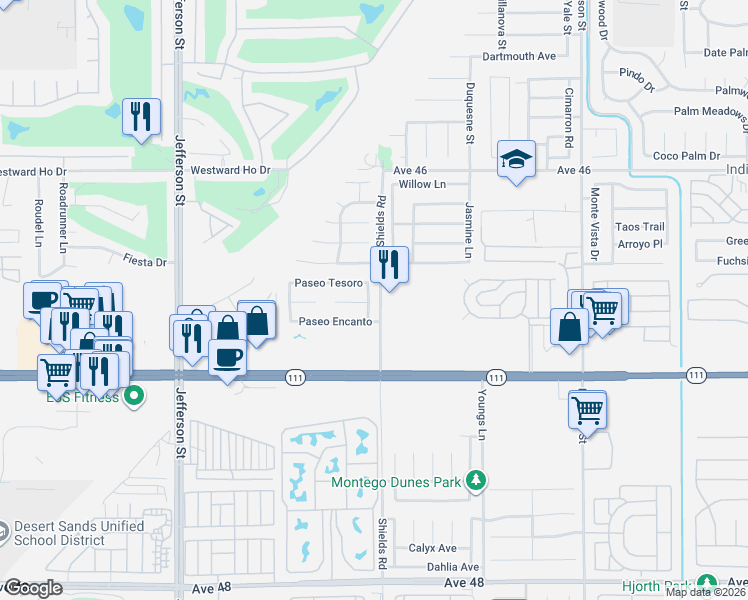 map of restaurants, bars, coffee shops, grocery stores, and more near 46756 Vía Celeste in Indio