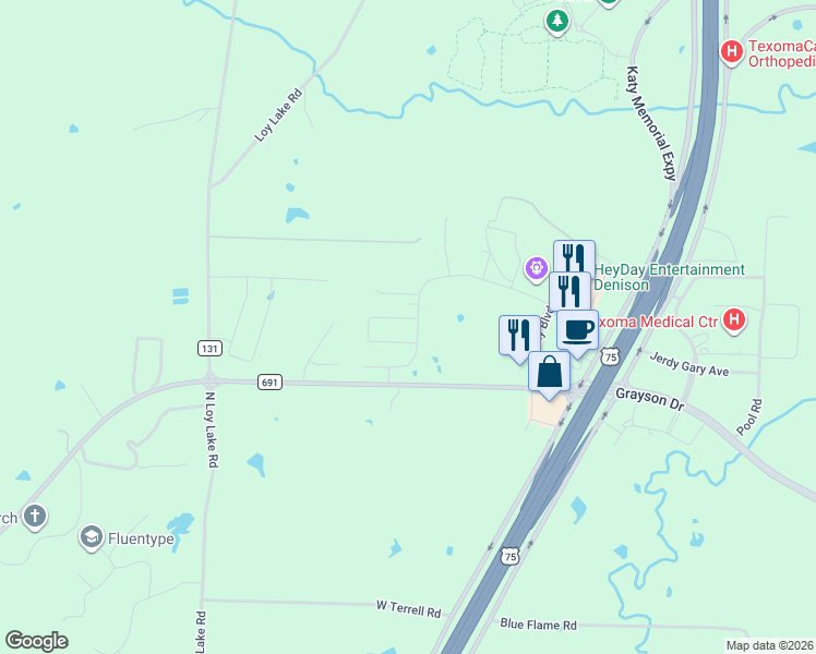 map of restaurants, bars, coffee shops, grocery stores, and more near 3705 Farm to Market Road 691 in Denison