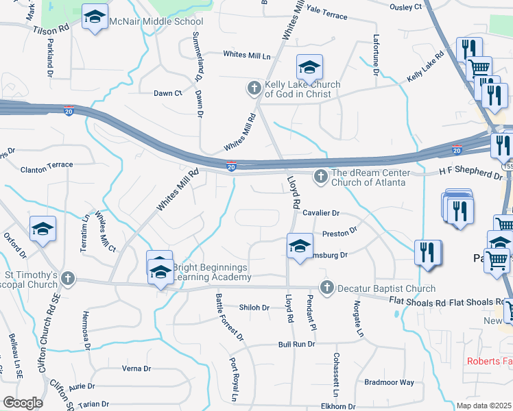 map of restaurants, bars, coffee shops, grocery stores, and more near 2415 Deep Shoals Circle in Decatur